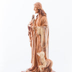 Good Shepherd statue hand carved from Bethlehem olive wood, 16.5 inch top angle showing detail of the craftsmanship