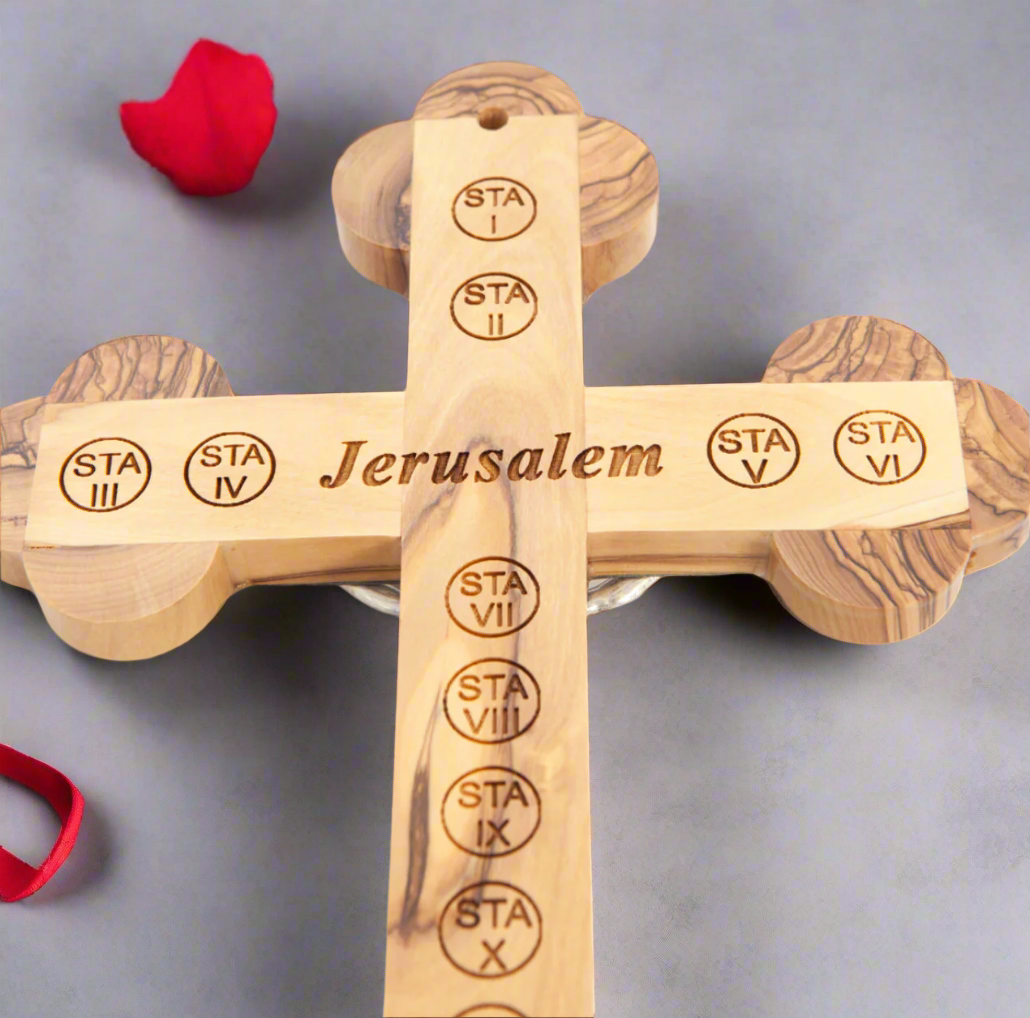 Budded Cross Crucifix fourteen Stations Engraved on Back From Jerusalem Holy Land Olive Wood