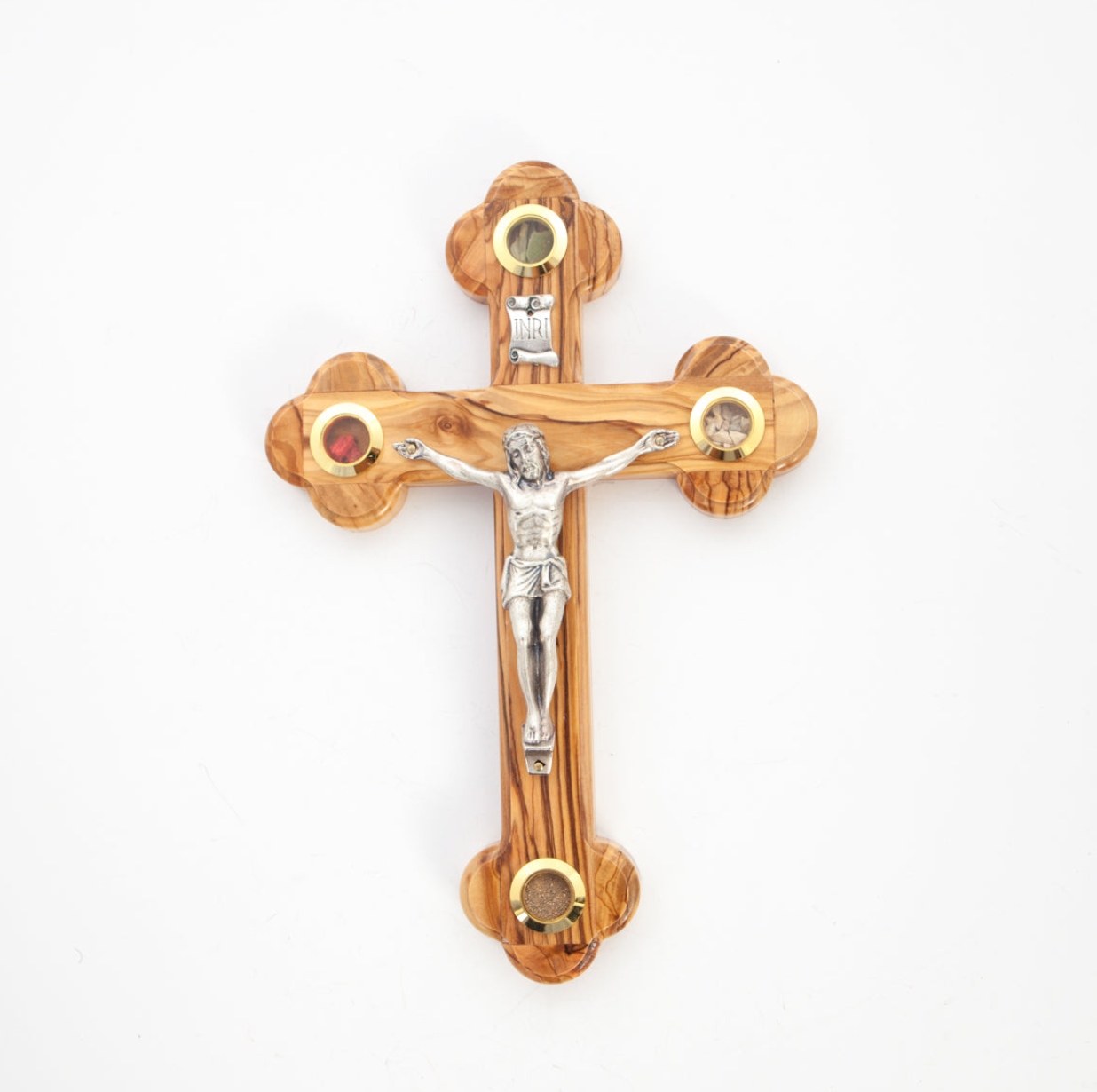 Budded Wall Crucifix Olive Wood From Holy Land 4 Essences Gifts in Glass Capsules