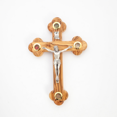 Olive wood crucifix hand carved in Bethlehem, 8.9 inch side angle of the olive wood sculpture