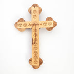 Olive wood crucifix hand carved in Bethlehem, 8.7 inch close detail of the hand carved work