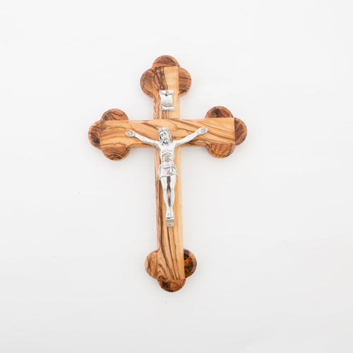 Olive wood crucifix hand carved in Bethlehem, 8.7 inch side angle of the olive wood sculpture