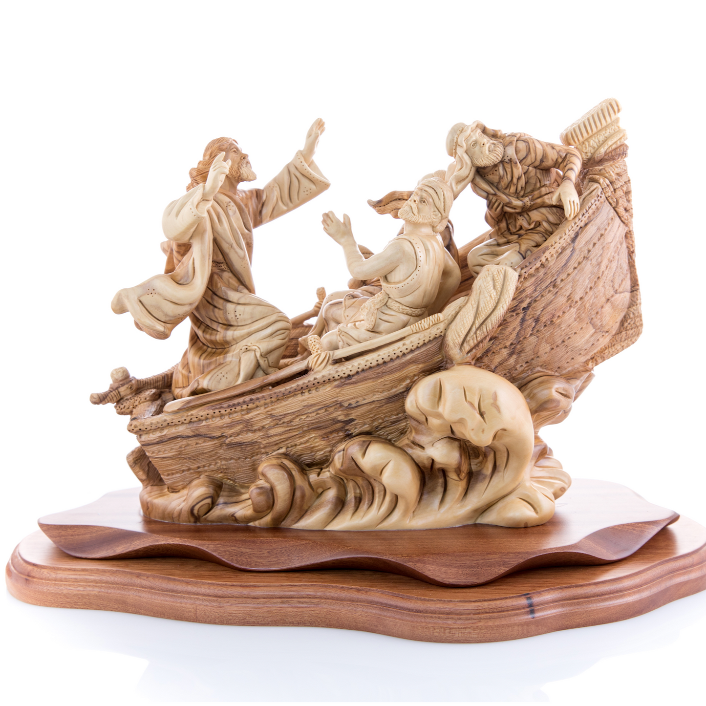 Jesus Christ "Calms The Storm" on Boat, 15.5" Masterpiece Wooden Carving