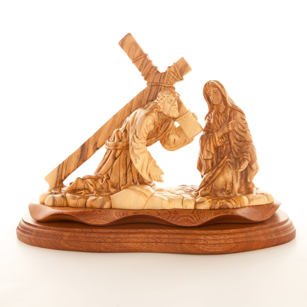 Jesus Christ olive wood cross from Bethlehem hand carved, 12.6 inch front view of the olive wood masterpiece