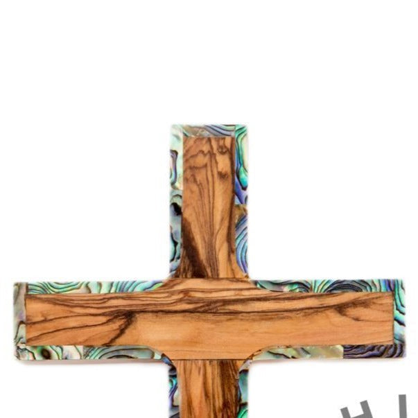 Carved Wooden Cross With Mother of Pearl Hand Made in Holy Land