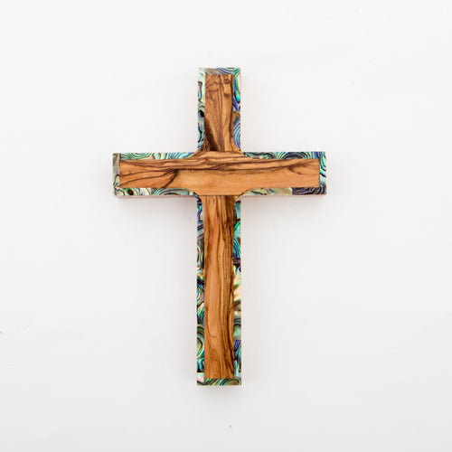 religious mother of pearl religious gift from Bethlehem, 10 inch side angle of the olive wood sculpture