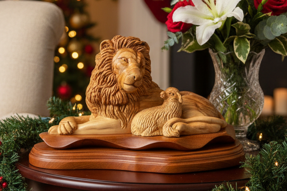 Lion with Lamb Carved Sculpture, 11.6" Olive Wood from Holy Land