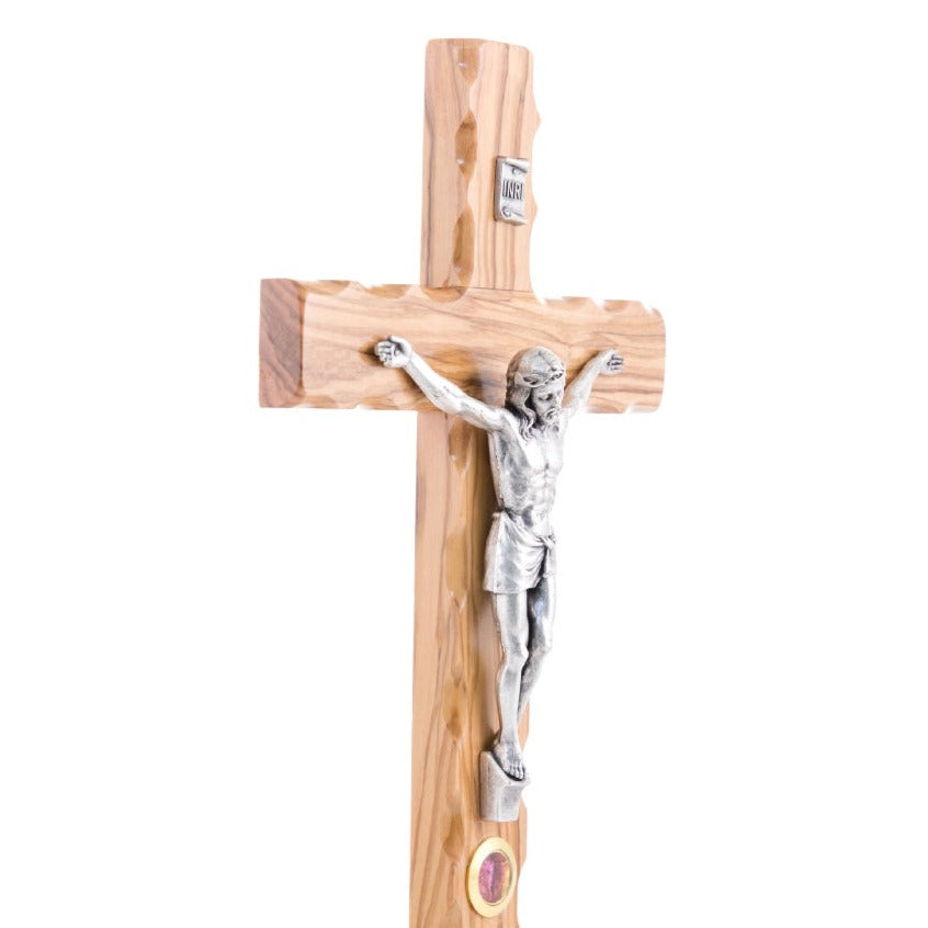 Carved Wooden Standing Crucifix with Incense Medium Silver Jesus