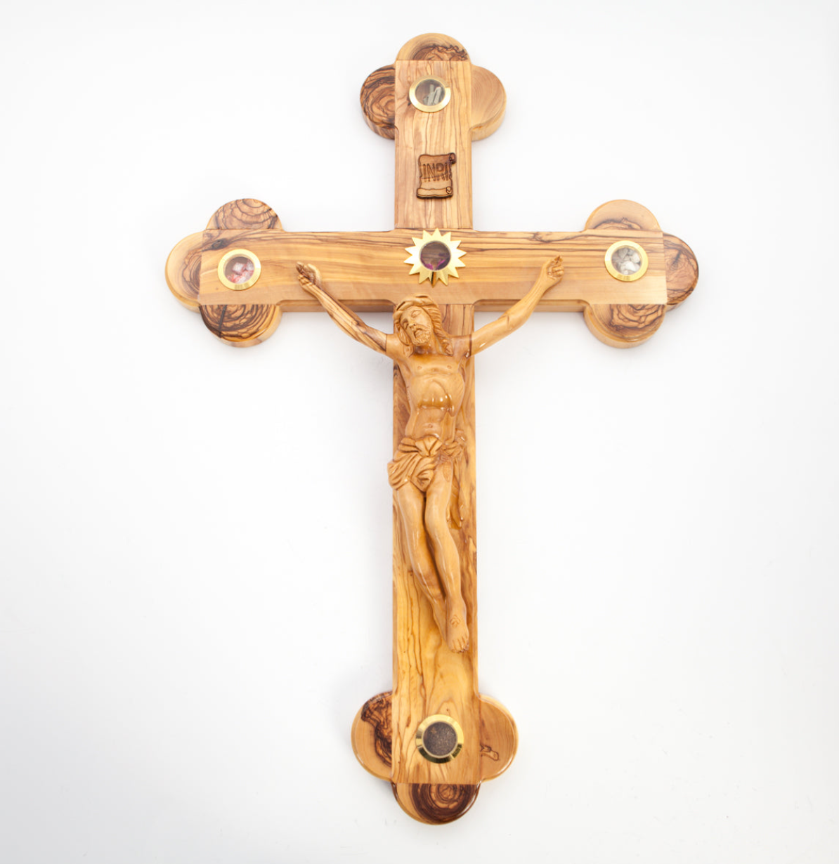 Large 21 Inch Crucifix and Corpus Hand Carved Olive Wood with 5 souvenirs from the Holy Land