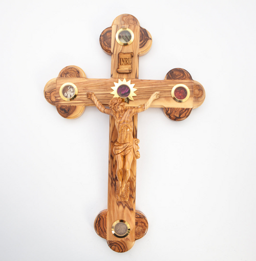 Olive wood crucifix hand carved in Bethlehem, 15.4 inch side angle of the olive wood sculpture