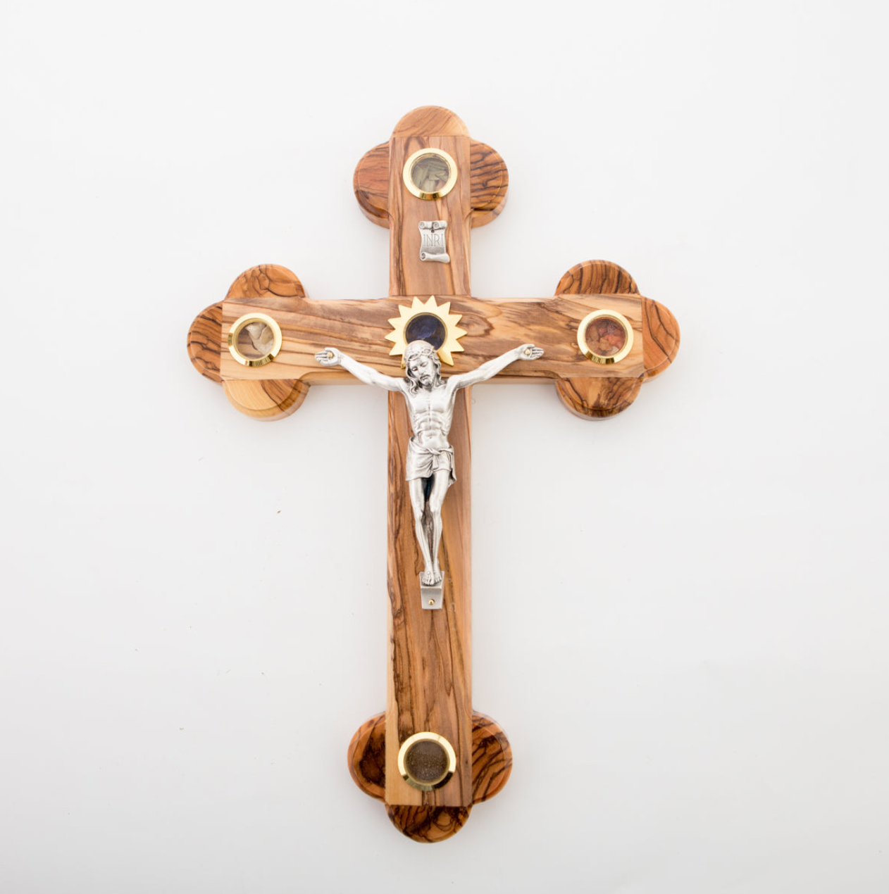 13" Crucifix with Silver Plated Corpus and 5 Holy Land Essences Holy Land Olive Wood
