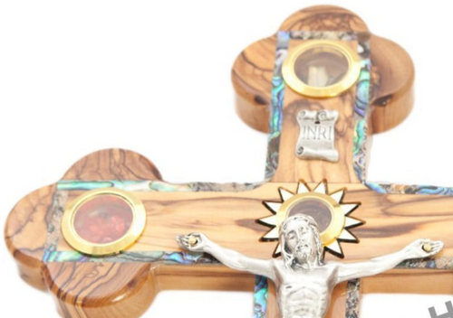 Olive wood crucifix hand carved in Bethlehem, 11 inch side angle of the olive wood sculpture