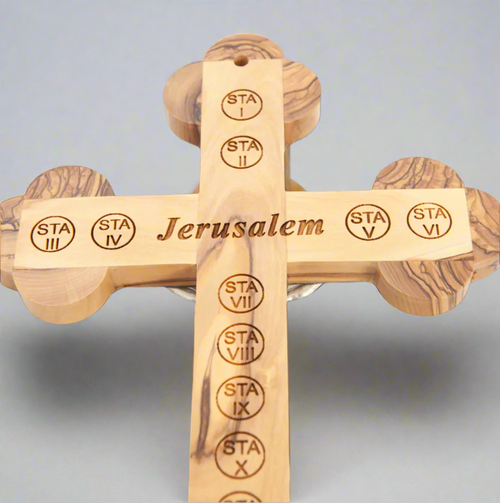 Olive wood crucifix hand carved in Bethlehem, 7.1 inch side angle of the olive wood sculpture