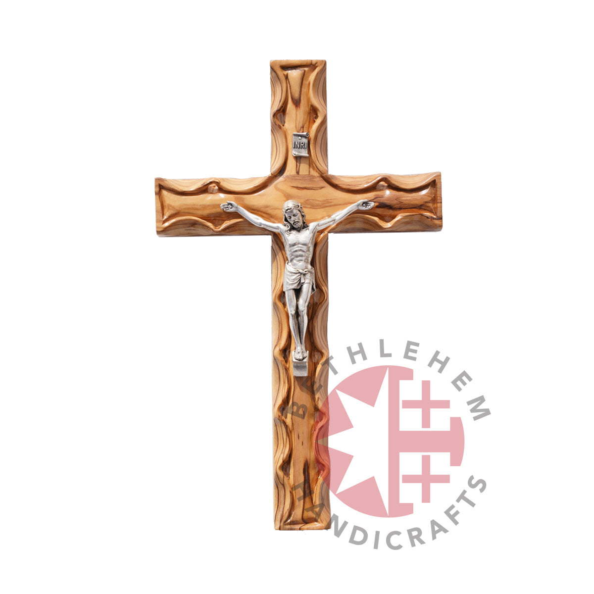 Wooden Wall Crucifix, Hand Made in Bethlehem with curved edge (Copy)