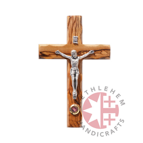 Olive wood crucifix hand carved in Bethlehem, 5 inch side angle of the olive wood sculpture