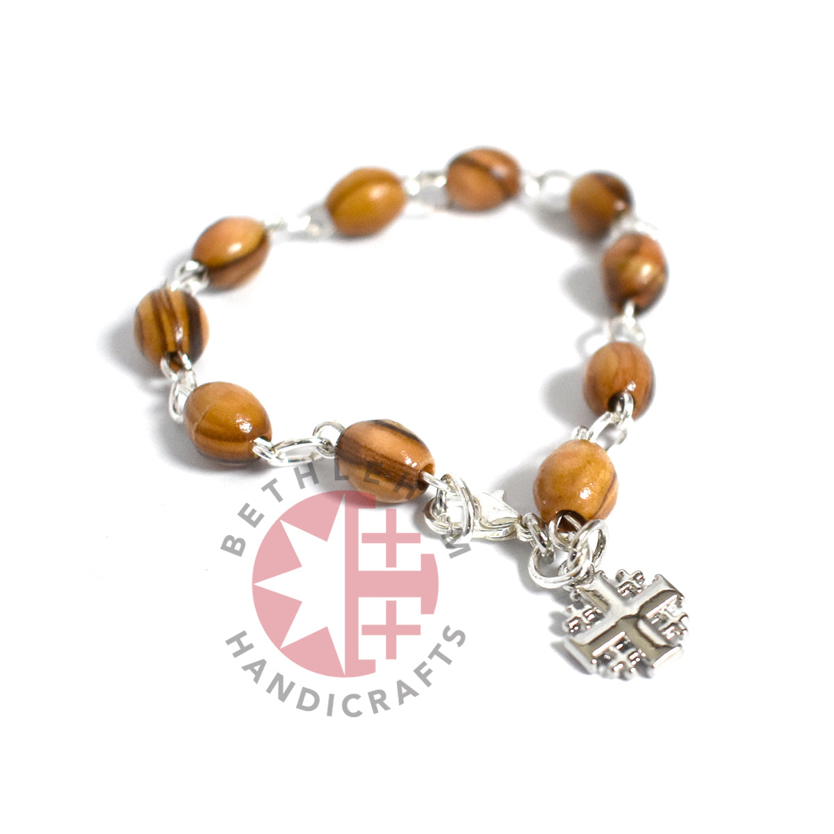 Bracelet with Jerusalem Cross Pendant, Wooden 8*6 mm Rosary