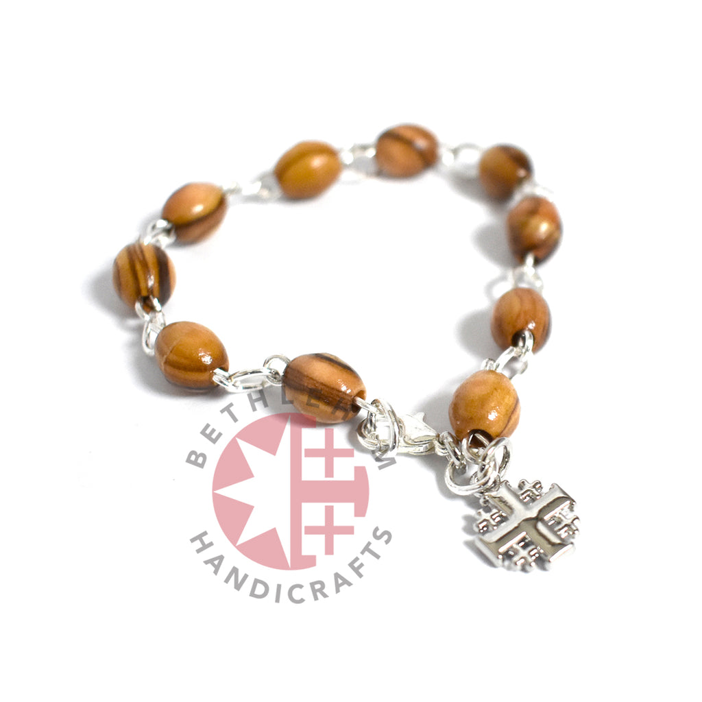 Olive wood rosary hand made in Bethlehem Holy Land, three quarter view of the religious piece