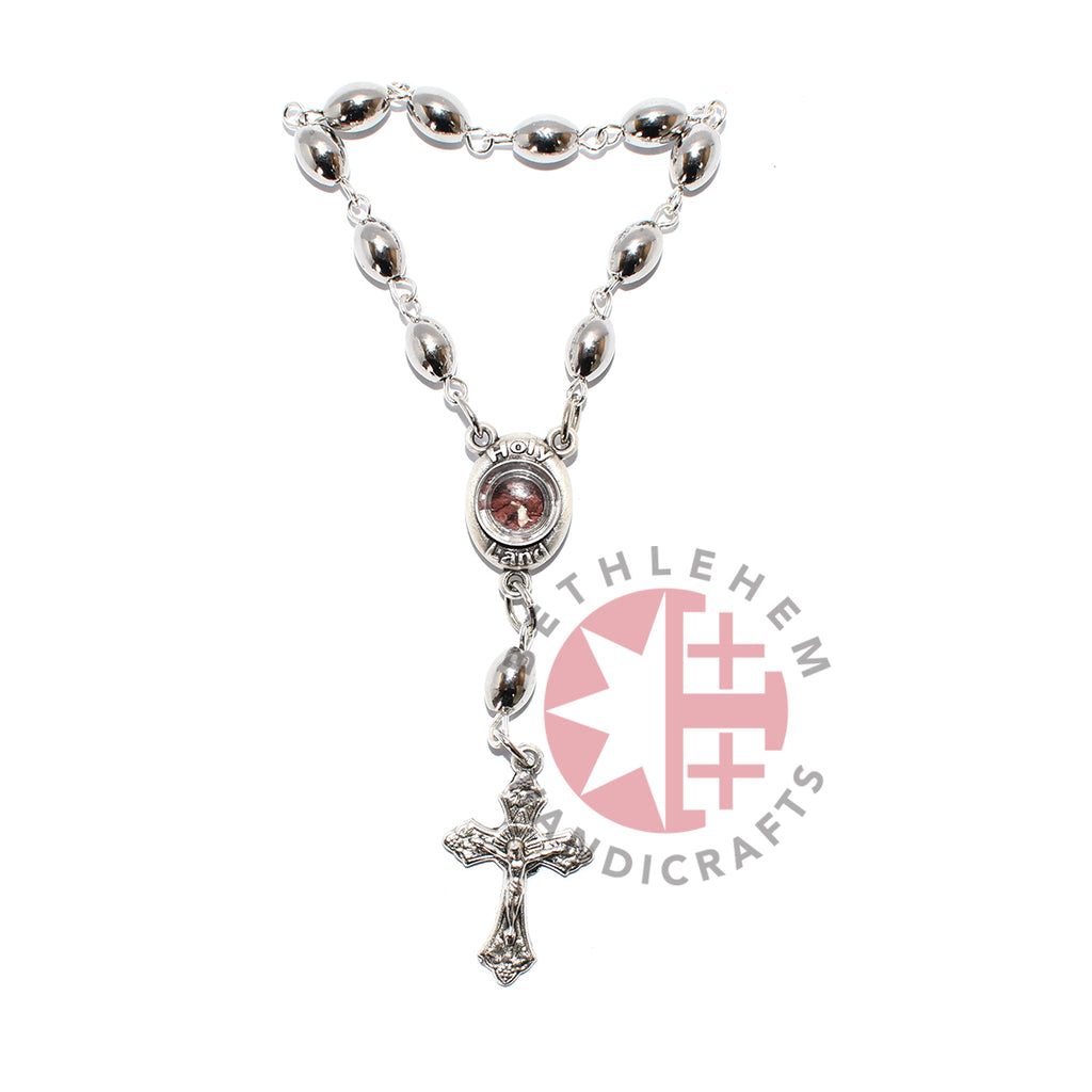 Finger rosary hand made in Bethlehem Holy Land, three quarter view of the religious piece