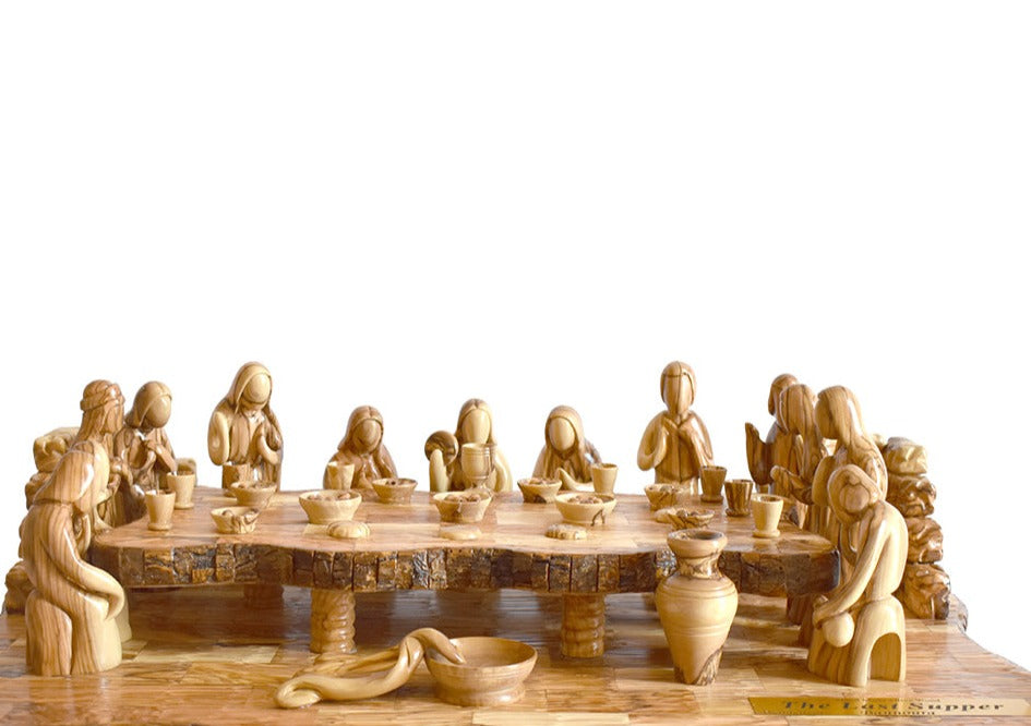 Last Supper olive wood statue hand carved in Bethlehem, 25.8 inch close detail of the hand carved work
