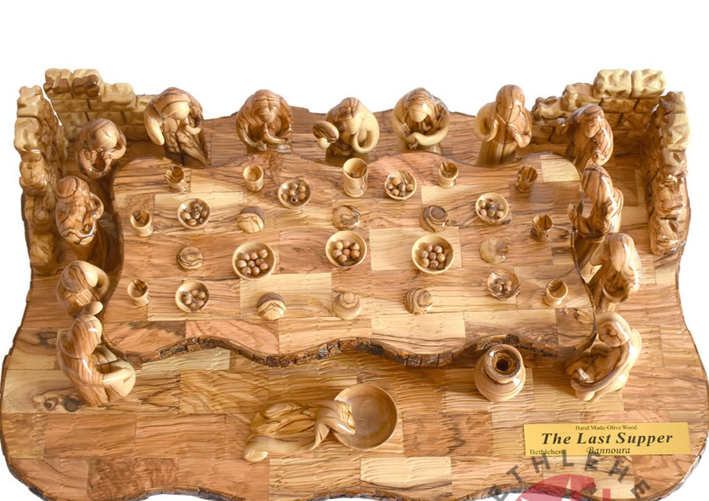 Last Supper olive wood statue hand carved in Bethlehem, 25.8 inch back view of the olive wood sculpture