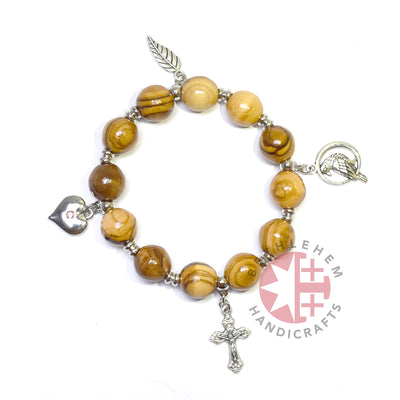 Bracelet w/ 4 Silver Plated Pendants, Wood 10mm Round Beads