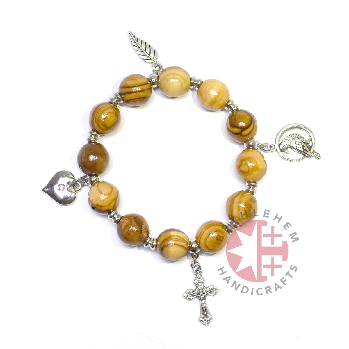 Bracelet w/ 4 Silver Plated Pendants, Wood 10mm Round Beads