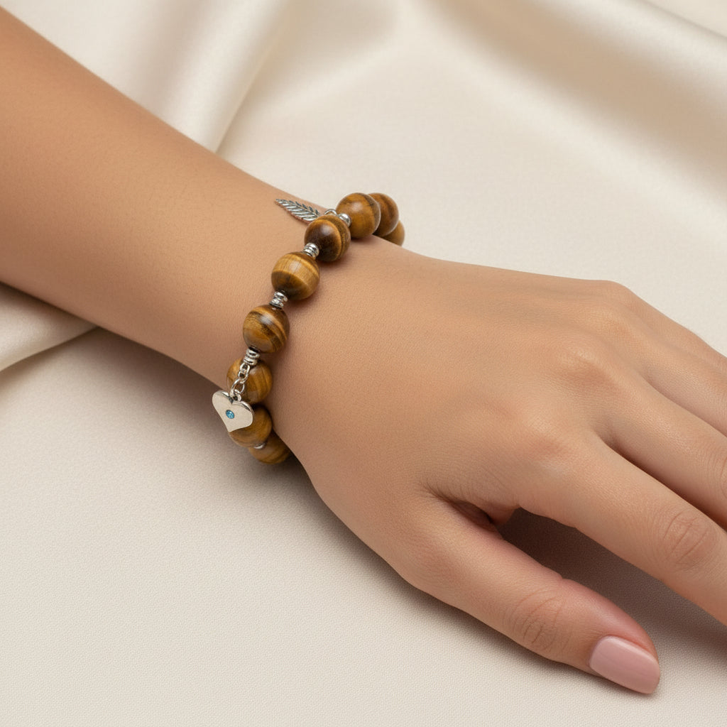 Bracelet with 4 Silver Plated Pendants Wood 12mm Round Beads