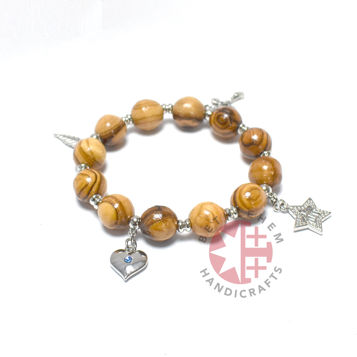Bracelet with 4 Silver Plated Pendants Wood 12mm Round Beads