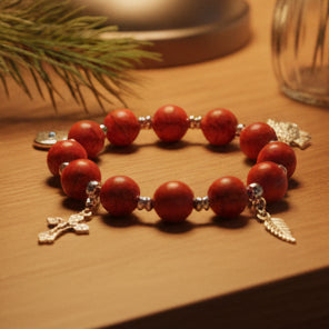Bracelet Rosary with 4 Silver Plated Pendants, Coral Stone Beads