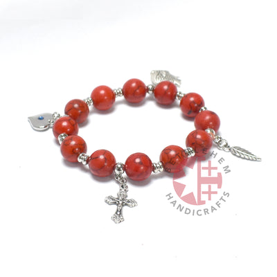 Bracelet Rosary with 4 Silver Plated Pendants, Coral Stone Beads