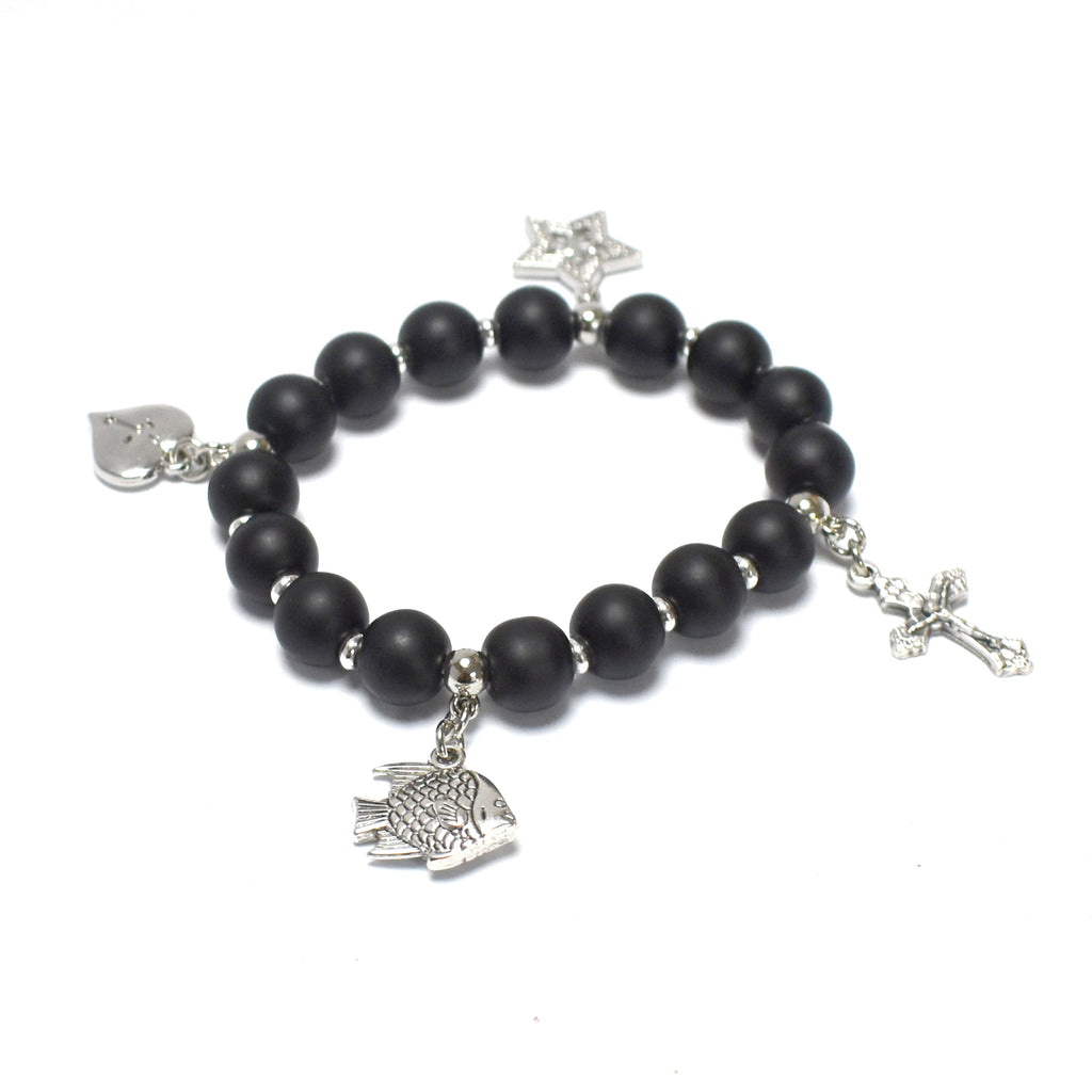 Olive wood rosary hand made in Bethlehem Holy Land, three quarter view of the religious piece