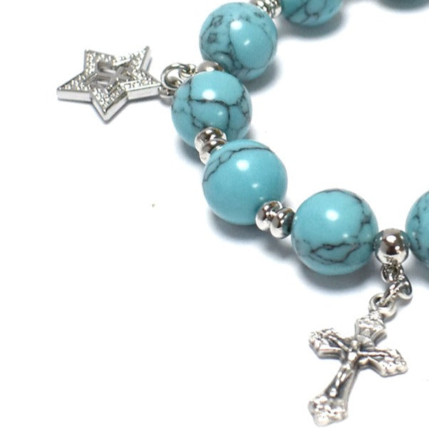 Turquoise Bracelet Rosary with 4 Silver Plated Pendants