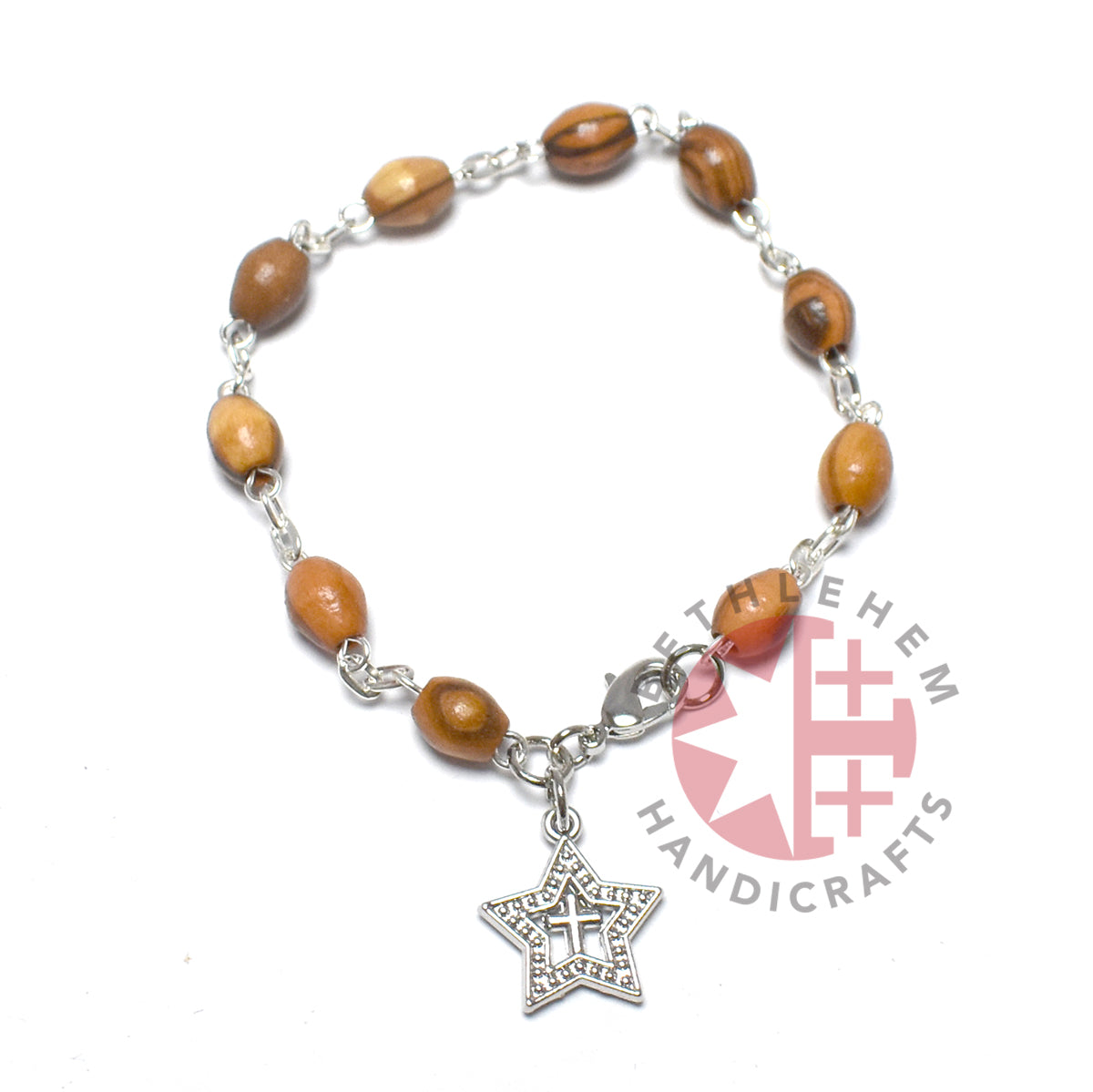 Rosary Bracelet with Bethlehem Star Pendant, Olive Wood 8*6 mm