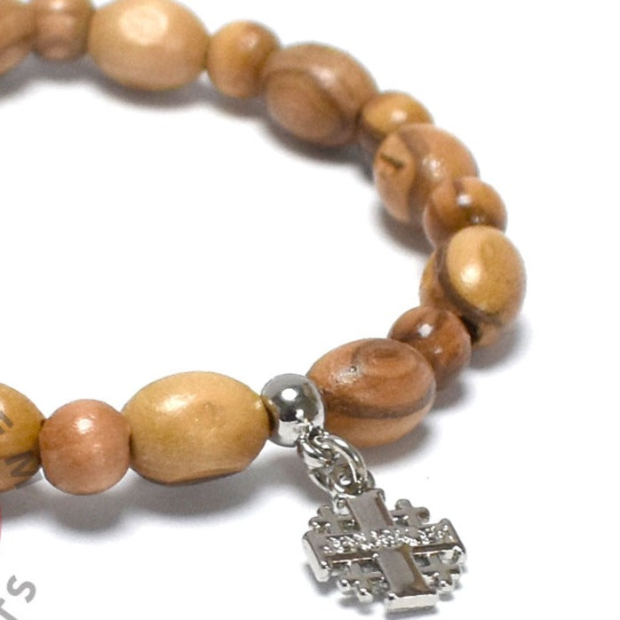 Oval Olive Wood 9*6 mm Beads Bracelet with Jerusalem Cross Pendant