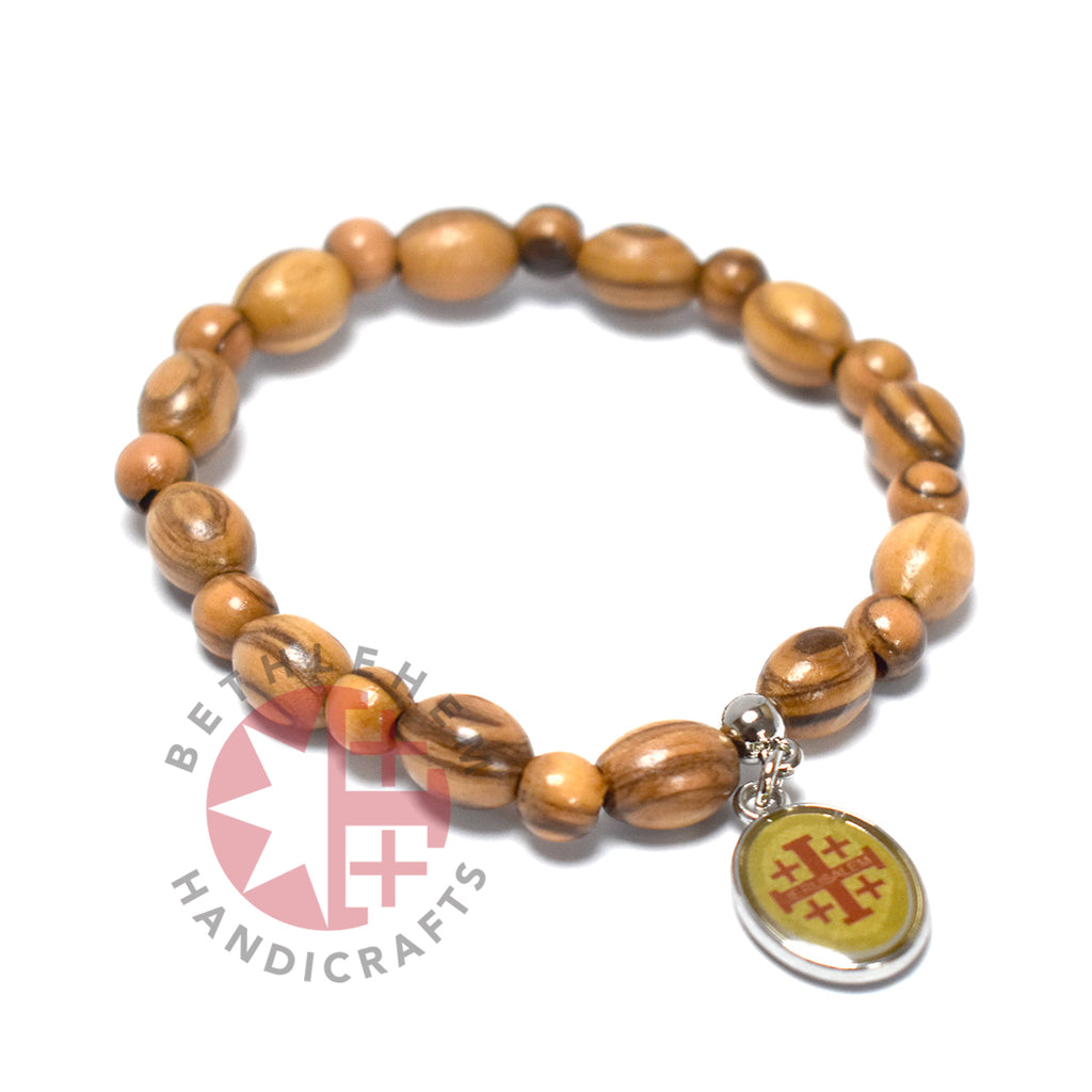 Olive wood rosary hand made in Bethlehem Holy Land, three quarter view of the religious piece