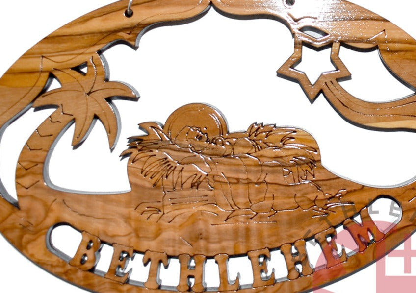 Olive wood nativity scene hand carved in Bethlehem, 5.9 inch three quarter view of the religious piece