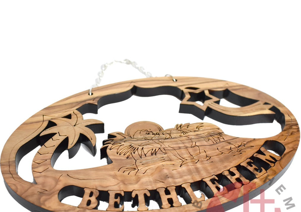 Olive wood nativity scene hand carved in Bethlehem, 5.9 inch side angle of the olive wood sculpture