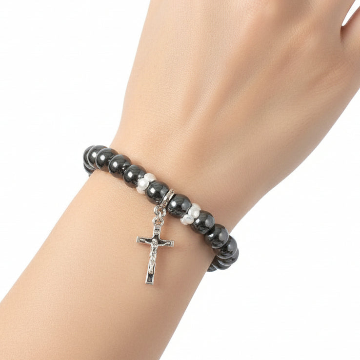 Hematite Bracelet Rosary with a Silver Plated Cross