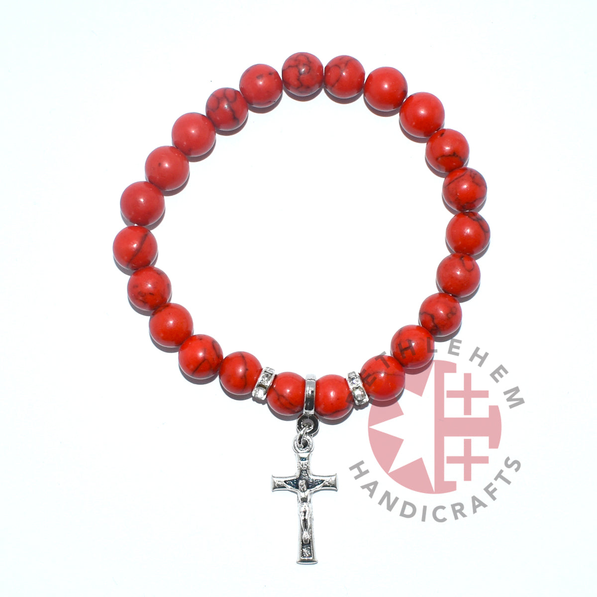 Coral Stone Bracelet Rosary, 8mm Beads with Silver Plated Cross