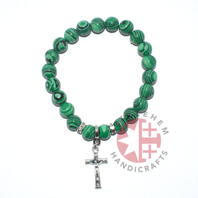Christian Prayer Bracelet with a Crucifix, 8mm Green Stone CoralBeads
