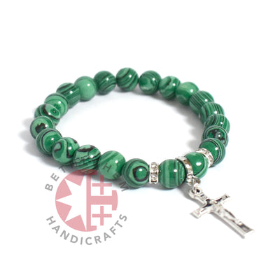 Christian Prayer Bracelet with a Crucifix, 8mm Green Stone CoralBeads