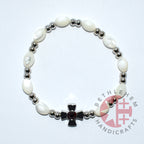 Olive wood rosary hand made in Bethlehem Holy Land, side angle of the olive wood sculpture