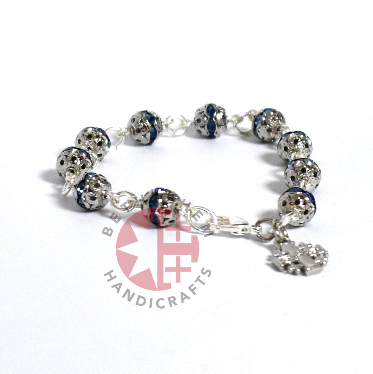 Olive wood rosary hand made in Bethlehem Holy Land, three quarter view of the religious piece