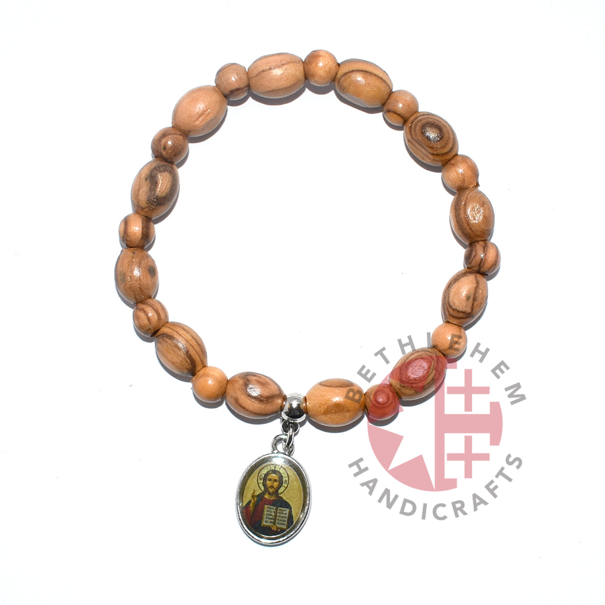 Oval Olive Wood 9*6 mm Beads Bracelet with Jesus Blessing Icon