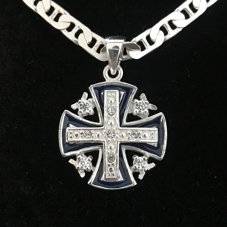 Dark Blue Jerusalem Cross Necklace with White Gemstones