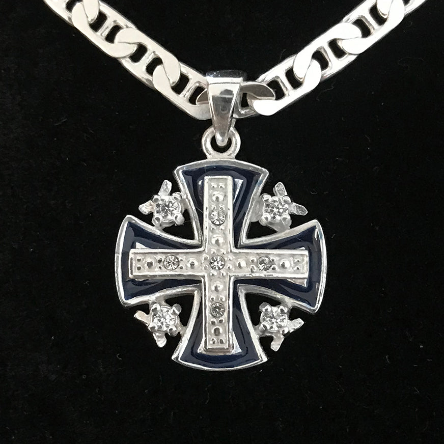 Dark Blue Jerusalem Cross Necklace with White Gemstones