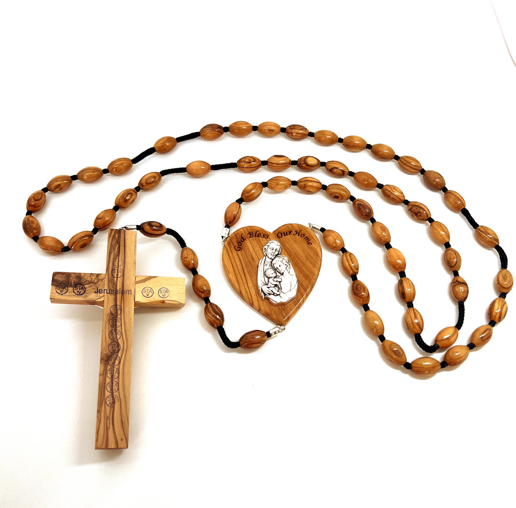 Olive wood crucifix hand carved in Bethlehem, 46 inch scale reference view