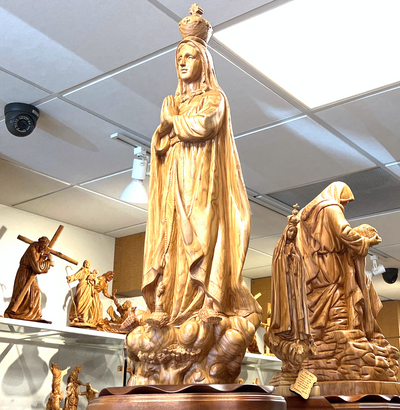 Lady of Fatima Masterpiece Carving of Virgin Mary from Holy Land Olive Wood in Bethlehem 