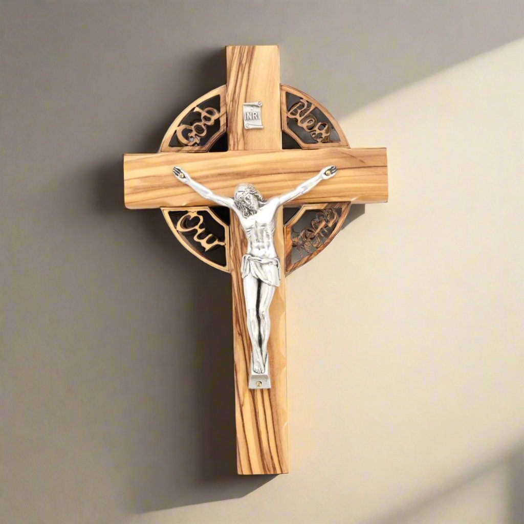 Olive wood crucifix hand carved in Bethlehem, 7.9 inch front view of the olive wood masterpiece