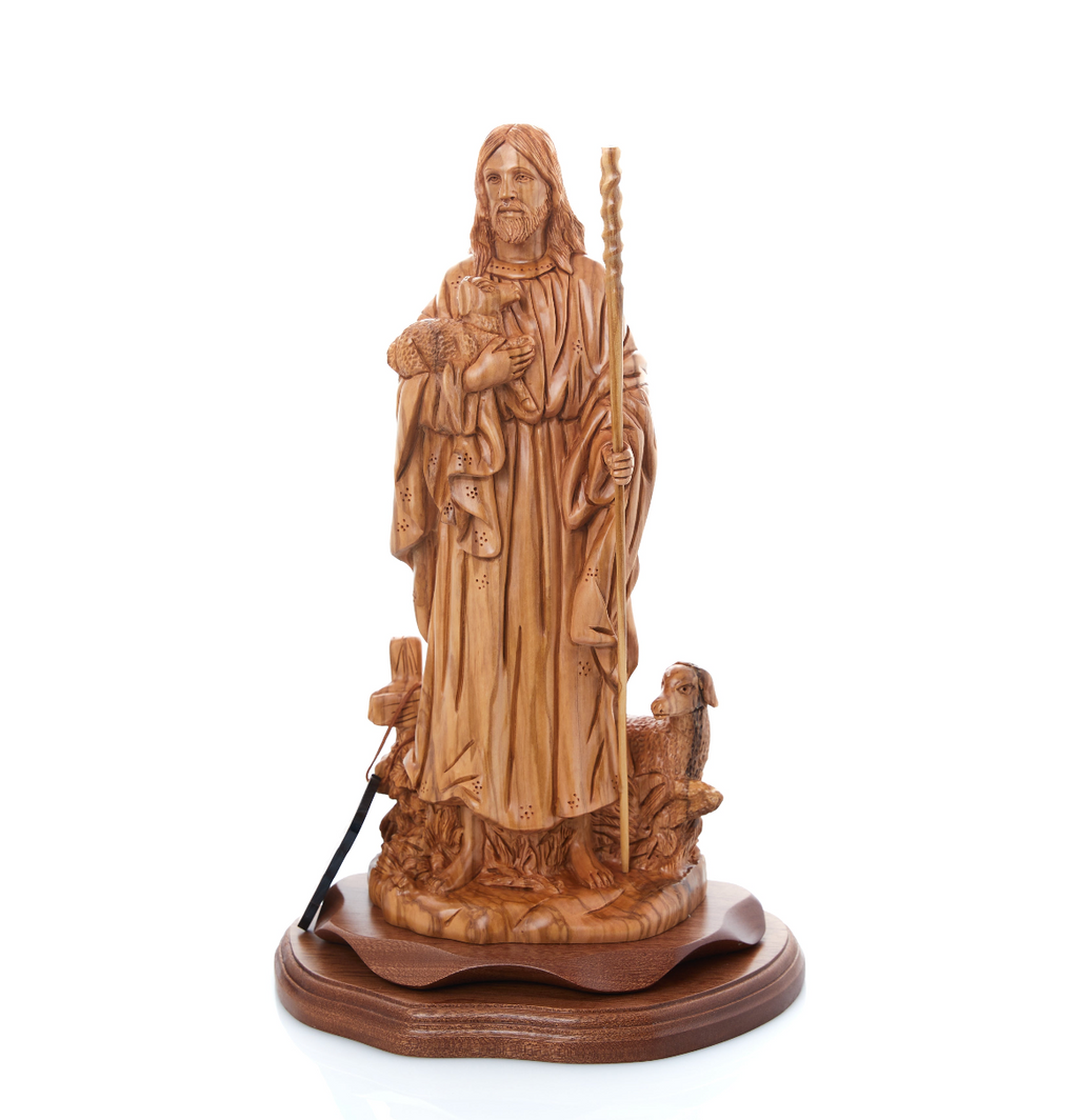 Good Shepherd statue hand carved from Bethlehem olive wood, 14.8 inch side angle of the olive wood sculpture